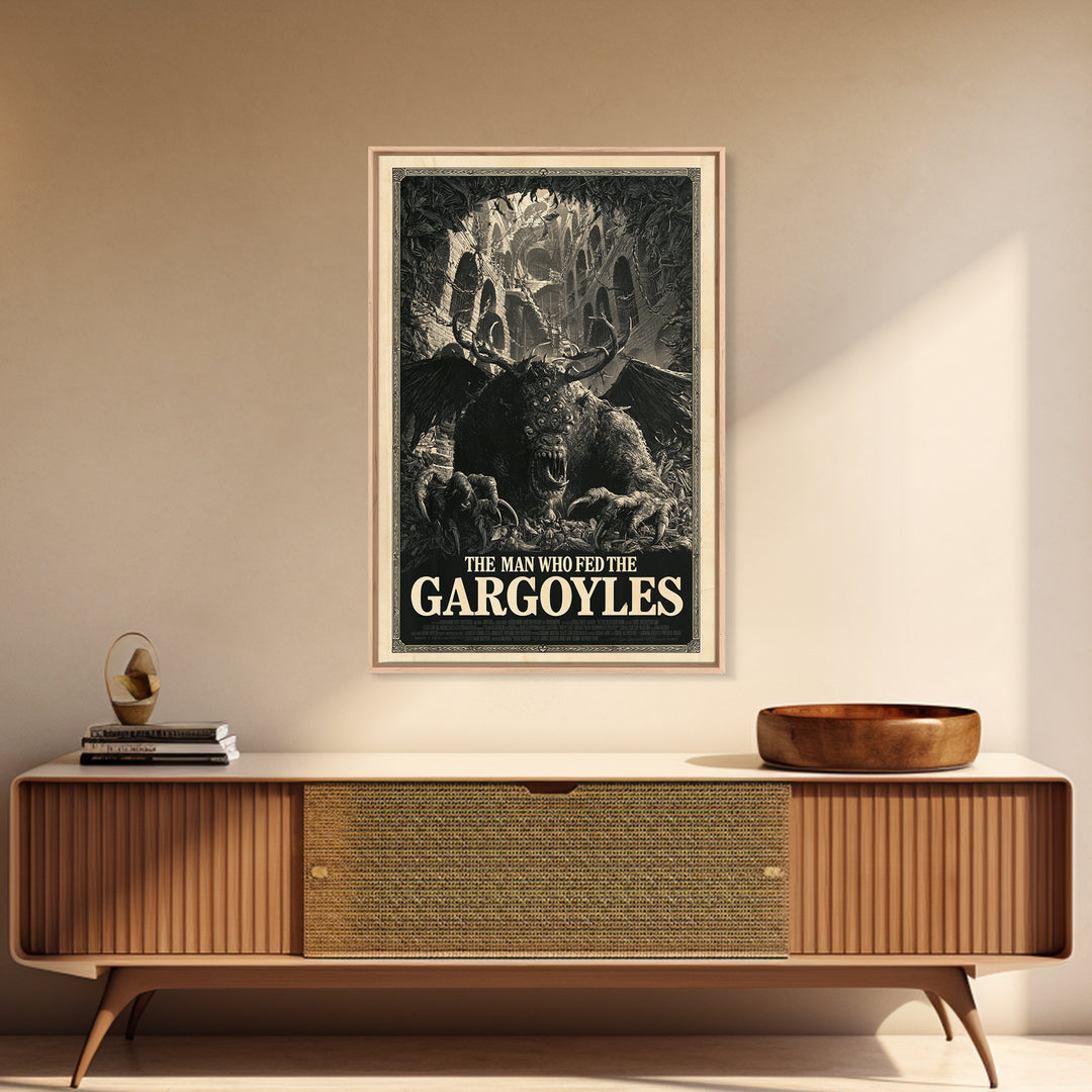 The Man Who Fed The Gargoyles, English Language Horror Movie Poster, Architectural Etching Art, Cult Horror Poster