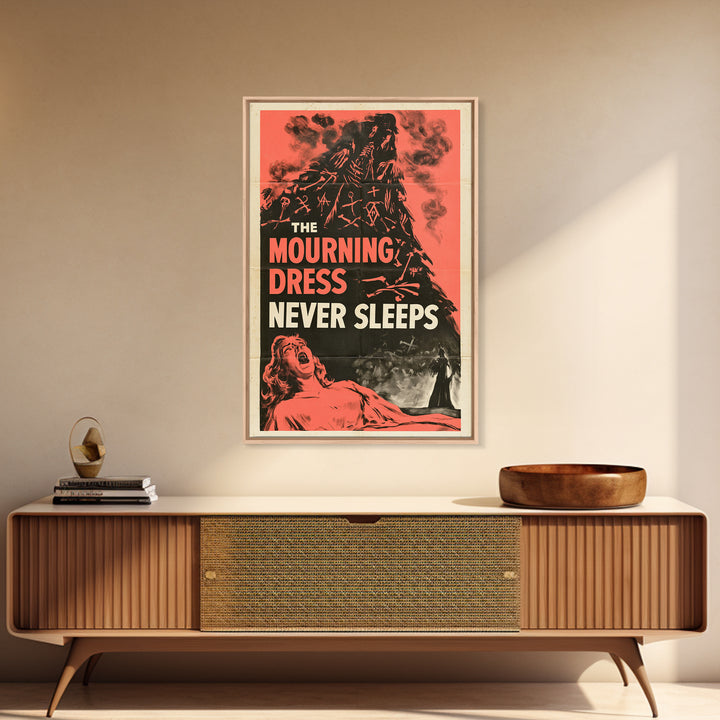 The Mourning Dress Never Sleeps, English Language Horror Movie Poster, 1950s Creature-Feature One-Sheet Inspired Art, Gothic Cinema Wall Art