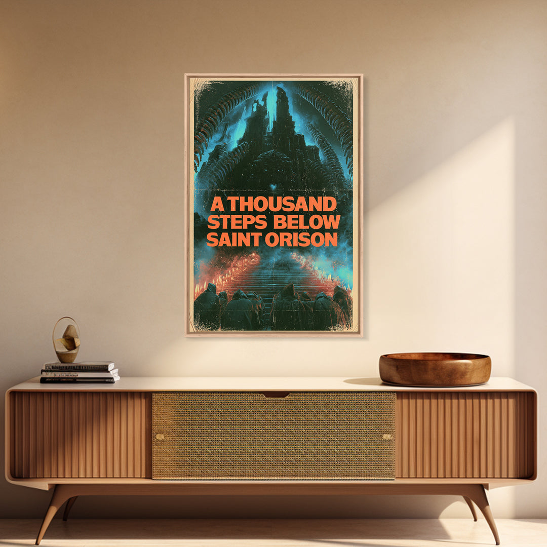 A Thousand Steps Below Saint Orison, English Language Horror Movie Poster, 1980s Vhs Nightmare Cover Inspired Art, Cult Horror Poster