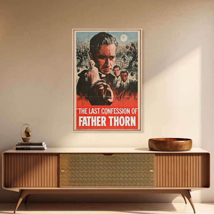 The Last Confession Of Father Thorn, English Language Horror Movie Poster, 1950s Creature-Feature One-Sheet Inspired Art, Cult Horror Poster