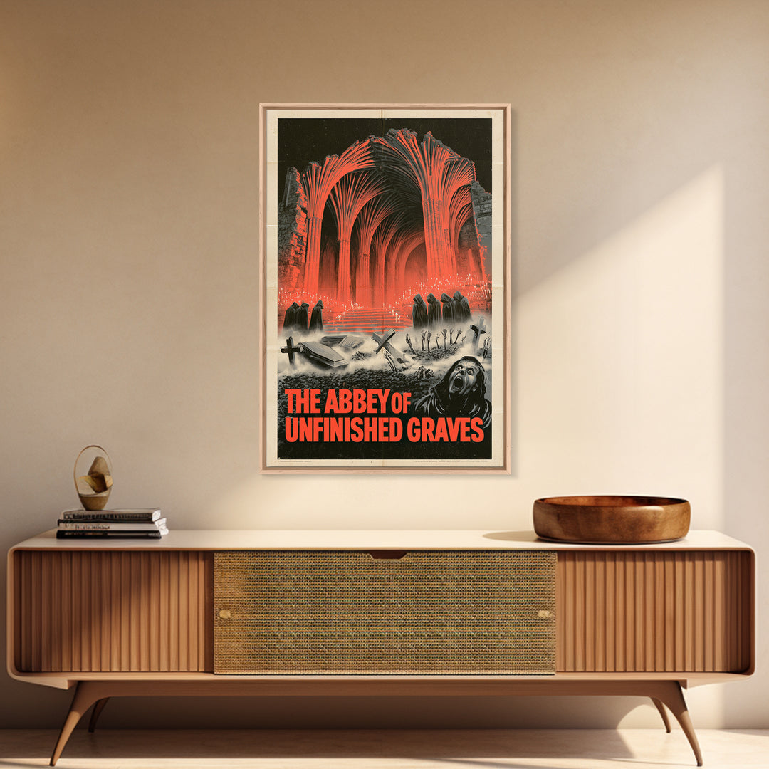 The Abbey Of Unfinished Graves, English Language Horror Movie Poster, 1950s Creature-Feature One-Sheet Inspired Art, Gothic Cinema Wall Art