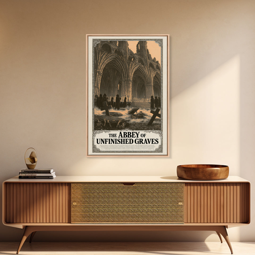 The Abbey Of Unfinished Graves, English Language Horror Movie Poster, Decadent Line Art, Gothic Cinema Wall Art, Halloween Decor