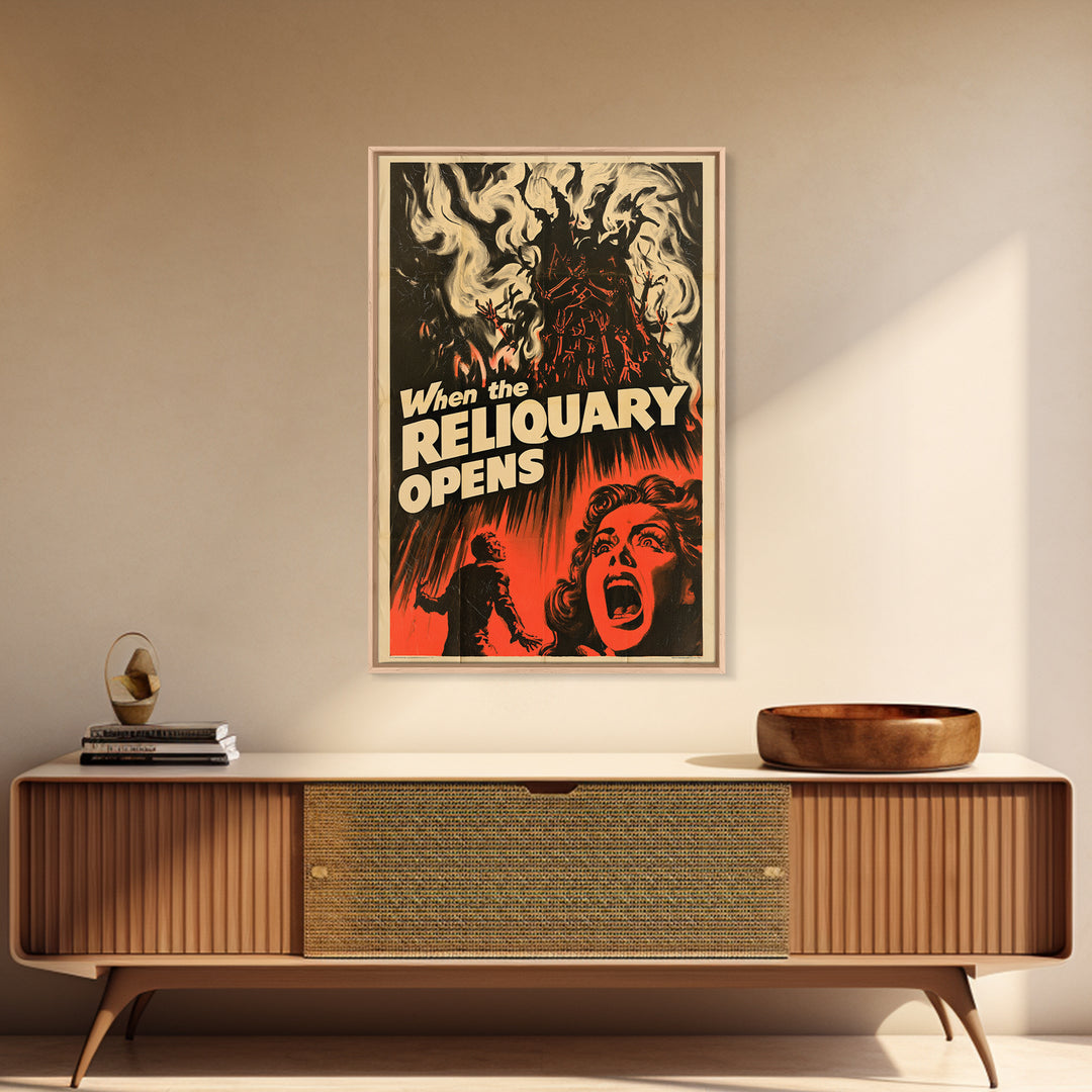 When The Reliquary Opens, English Language Horror Movie Poster, 1950s Creature-Feature One-Sheet Inspired Art, Gothic Cinema Wall Art