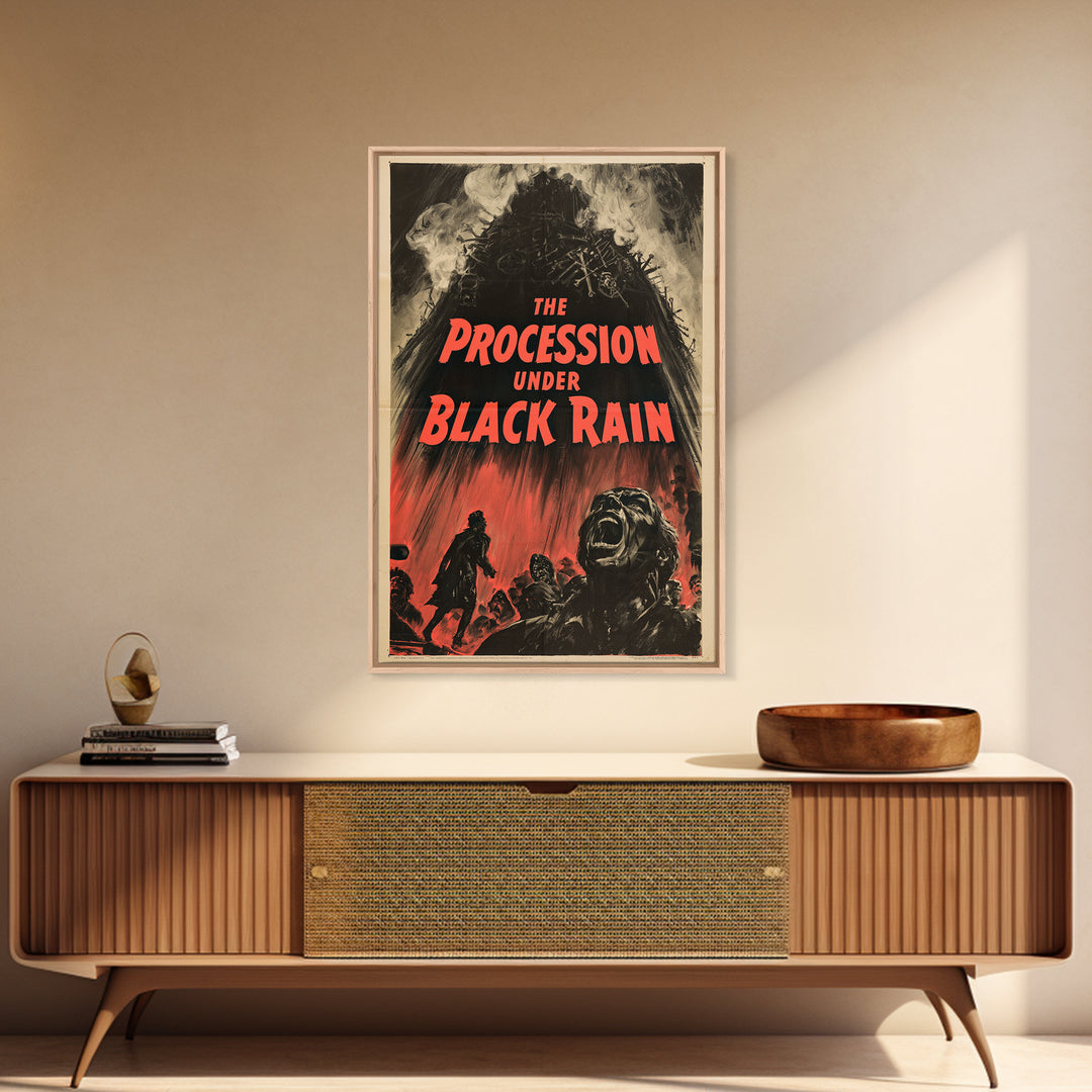 The Procession Under Black Rain, English Language Horror Movie Poster, 1950s Creature-Feature One-Sheet Inspired Art, Cult Horror Poster