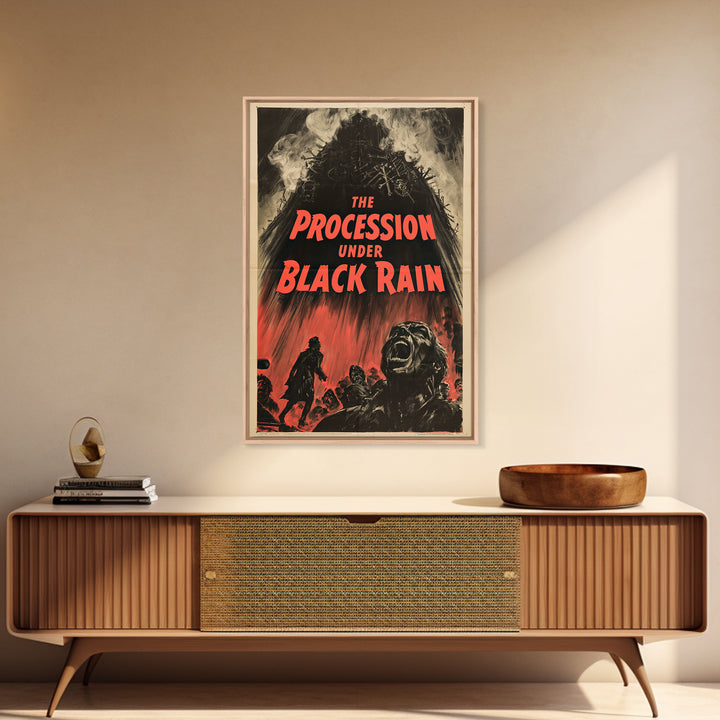 The Procession Under Black Rain, English Language Horror Movie Poster, 1950s Creature-Feature One-Sheet Inspired Art, Cult Horror Poster