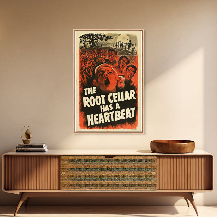 The Root Cellar Has A Heartbeat, English Language Horror Movie Poster, 1950s Creature-Feature One-Sheet Inspired Art, Gothic Cinema Wall Art