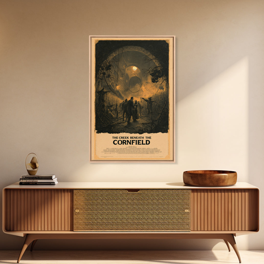 The Creek Beneath The Cornfield, English Language Horror Movie Poster, Architectural Etching Art, Classic Monster Poster