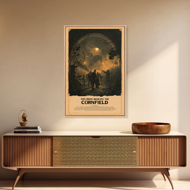 The Creek Beneath The Cornfield, English Language Horror Movie Poster, Architectural Etching Art, Classic Monster Poster