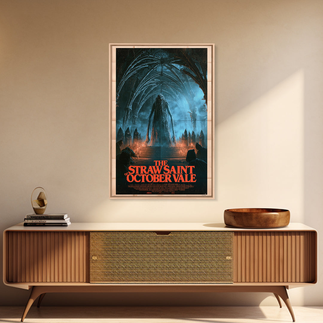 The Straw Saint Of October Vale, English Language Horror Movie Poster, 1980s Vhs Nightmare Cover Inspired Art, Gothic Cinema Wall Art