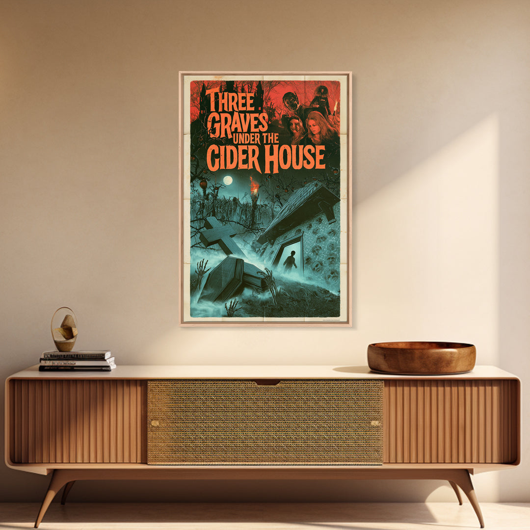 Three Graves Under The Cider House, English Language Horror Movie Poster, 1960s Horror Art, Gothic Cinema Wall Art, Framed Canvas Print