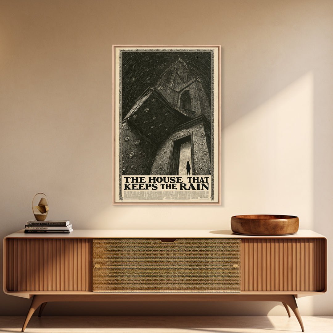 The House That Keeps The Rain, English Language Horror Movie Poster, Gothic Engraving Art, Retro Horror Movie Art, Framed Canvas Print
