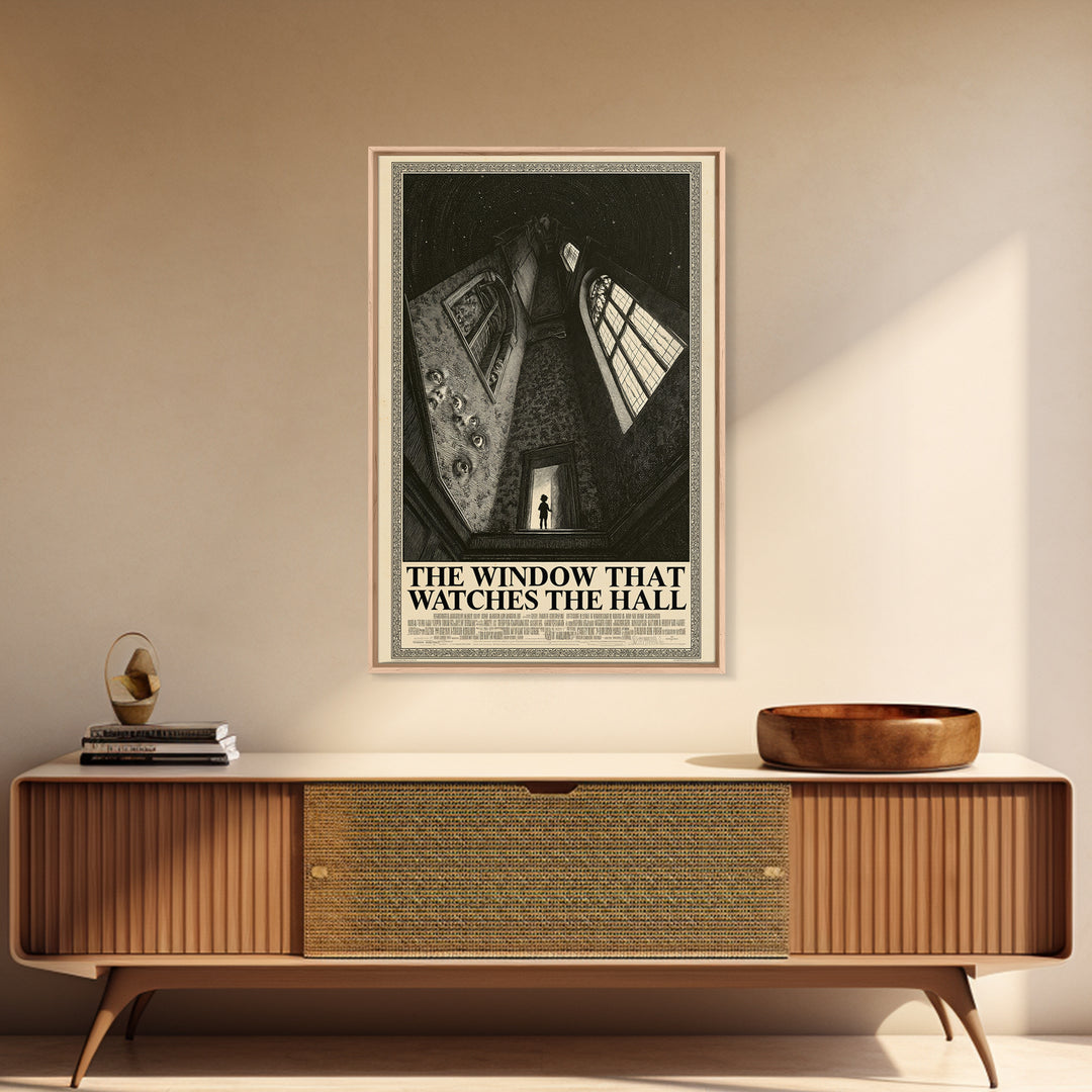 The Window That Watches The Hall, English Language Horror Movie Poster, Gothic Engraving Art, Cult Horror Poster, Framed Canvas Print