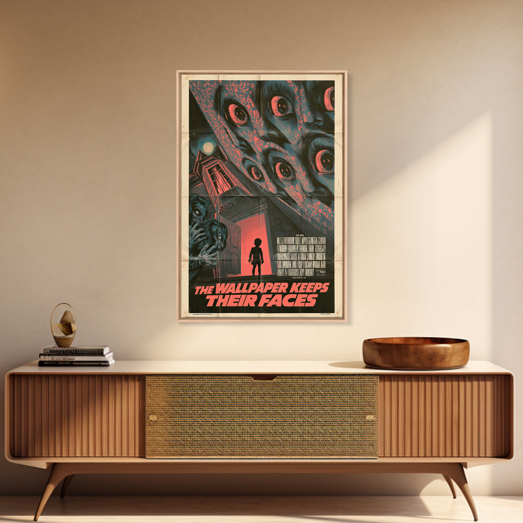 The Wallpaper Keeps Their Faces, English Language Horror Movie Poster, Giallo Horror Art, Classic Monster Poster, Framed Canvas Print