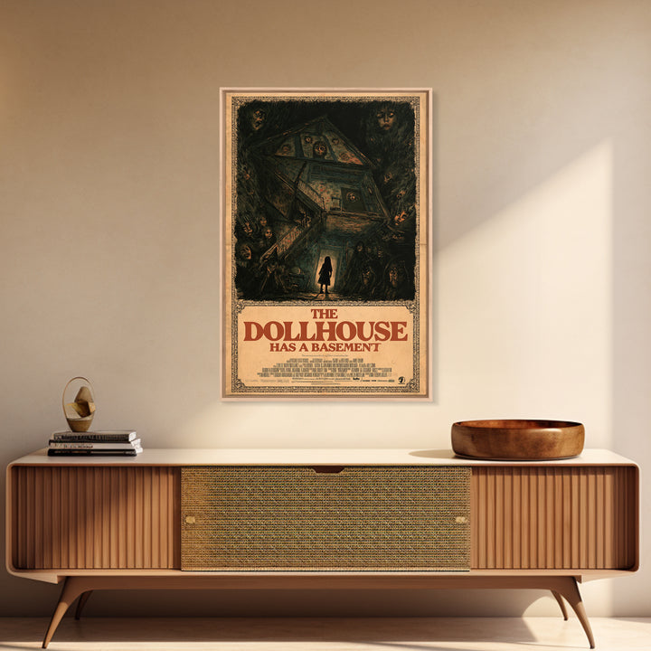 The Dollhouse Has A Basement, English Language Horror Movie Poster, Dark Romantic Horror Art, Retro Horror Movie Art, Framed Canvas Print