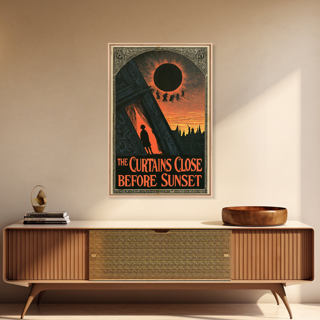 The Curtains Close Before Sunset, English Language Horror Movie Poster, Decadent Line Art, Retro Horror Movie Art, Canvas Print