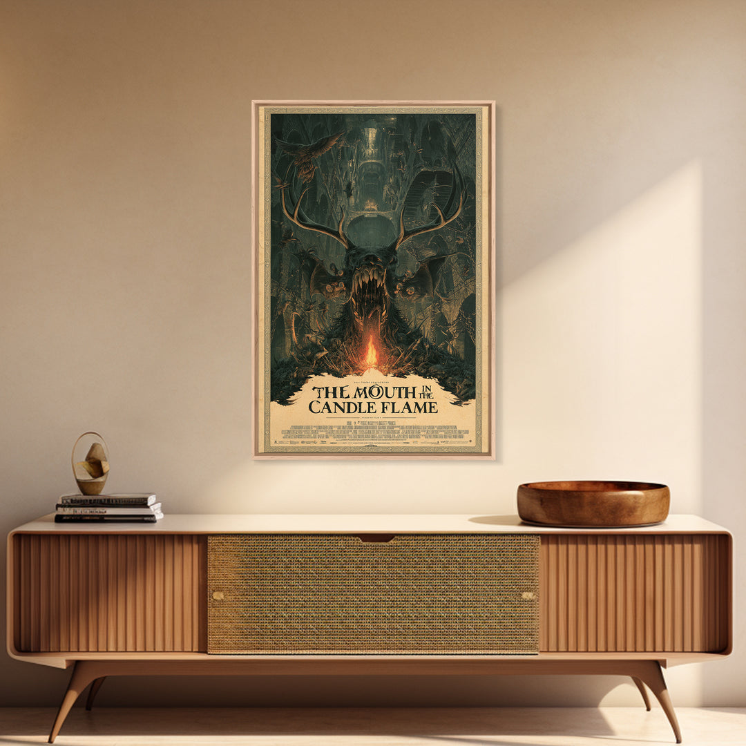 The Mouth In The Candle Flame, English Language Horror Movie Poster, Architectural Etching Art, Retro Horror Movie Art