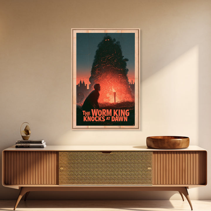 The Worm King Knocks At Dawn, English Language Horror Movie Poster, 1960s Horror Art, Classic Monster Poster, Framed Canvas Print