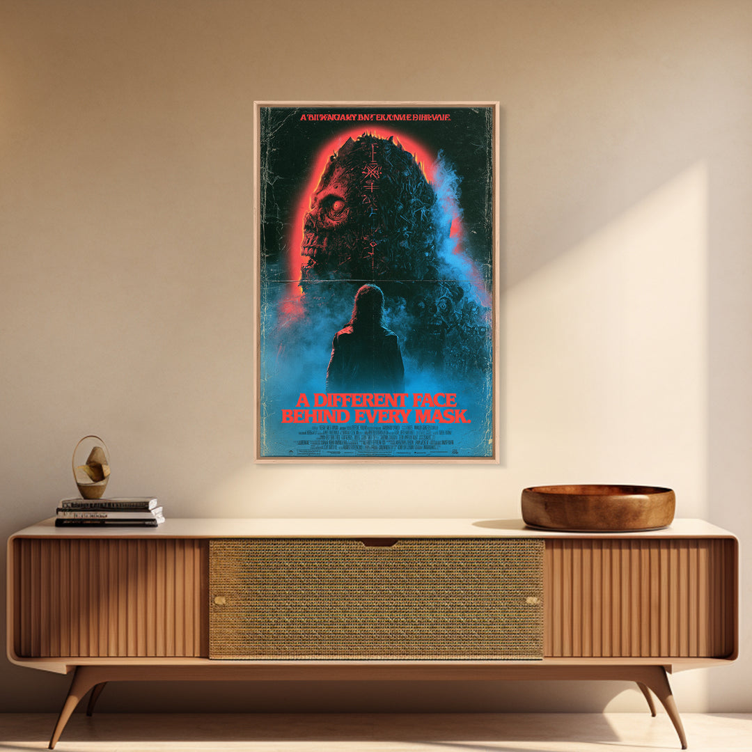 A Different Face Behind Every Mask, English Language Horror Movie Poster, 1980s Vhs Nightmare Cover Inspired Art, Classic Monster Poster