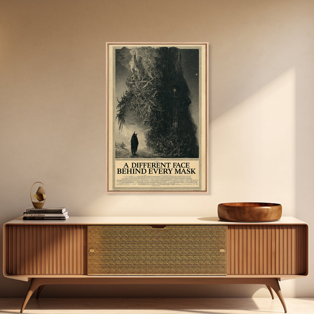 A Different Face Behind Every Mask, English Language Horror Movie Poster, Gothic Engraving Art, Gothic Cinema Wall Art