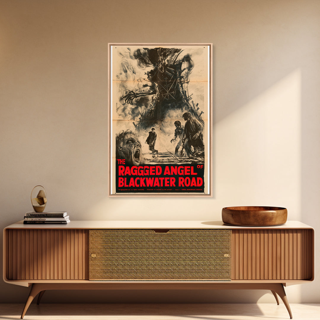 The Ragged Angel Of Blackwater Road, English Language Horror Movie Poster, 1950s Creature-Feature One-Sheet Inspired Art, Cult Horror Poster