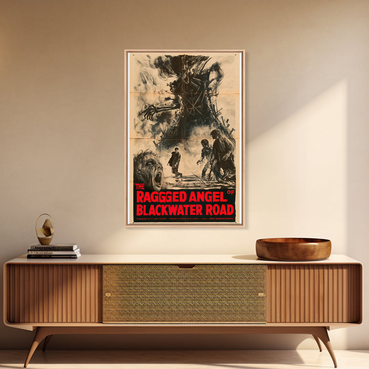 The Ragged Angel Of Blackwater Road, English Language Horror Movie Poster, 1950s Creature-Feature One-Sheet Inspired Art, Cult Horror Poster
