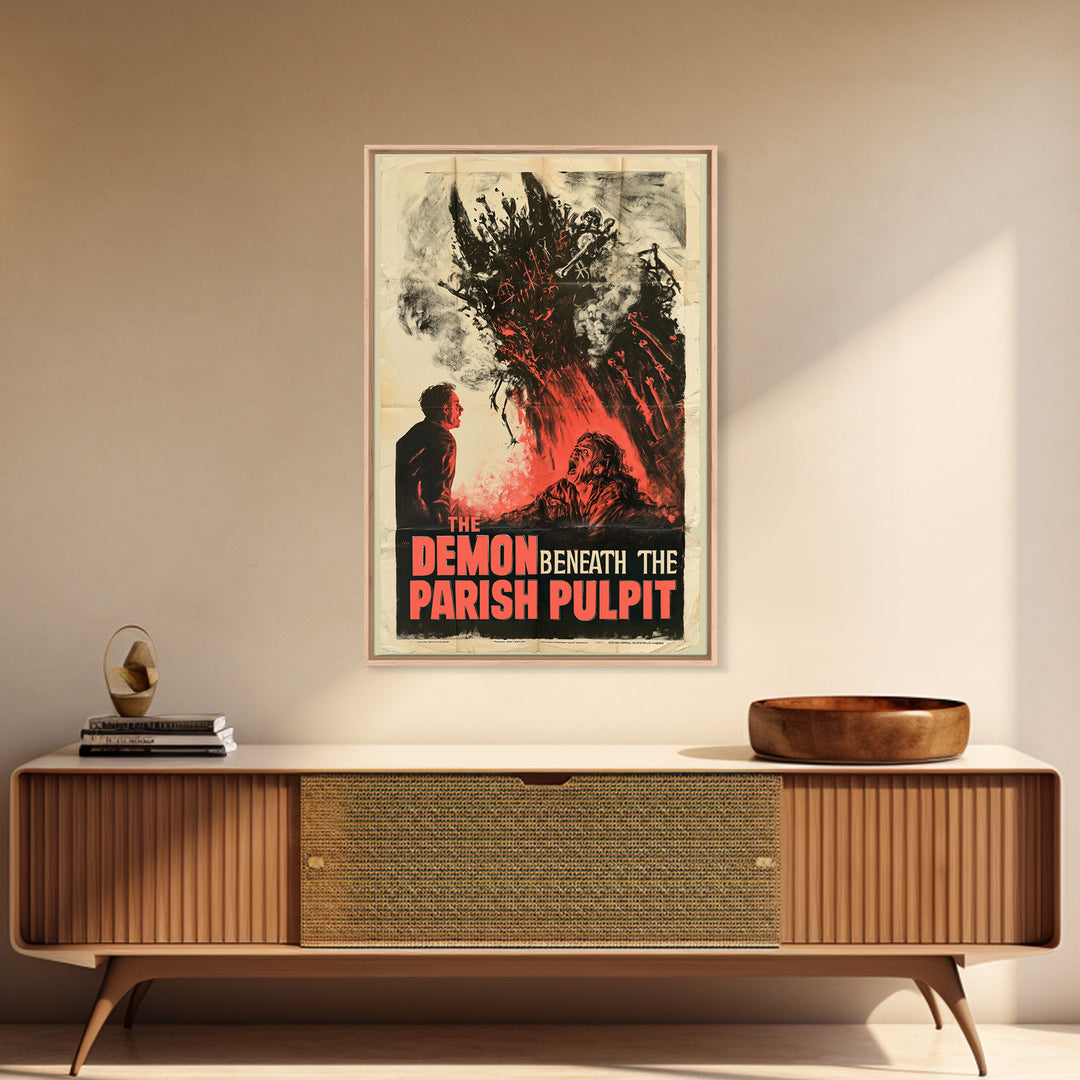 The Demon Beneath The Parish Pulpit, English Language Horror Movie Poster, 1950s Creature-Feature One-Sheet Inspired Art, Canvas Print