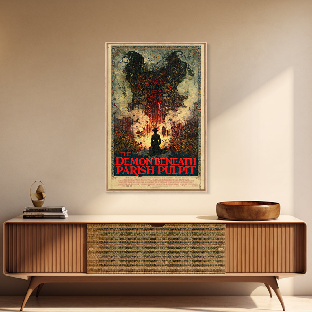 The Demon Beneath The Parish Pulpit, English Language Horror Movie Poster, Stained Glass Gothic Art, Gothic Cinema Wall Art, Canvas Print