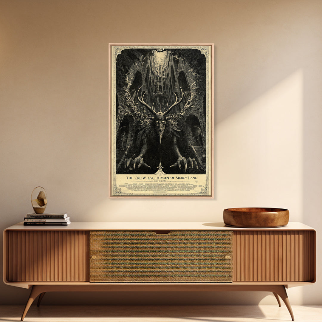 The Crow-Faced Man Of Mercy Lane, English Language Horror Movie Poster, Architectural Etching Art, Classic Monster Poster