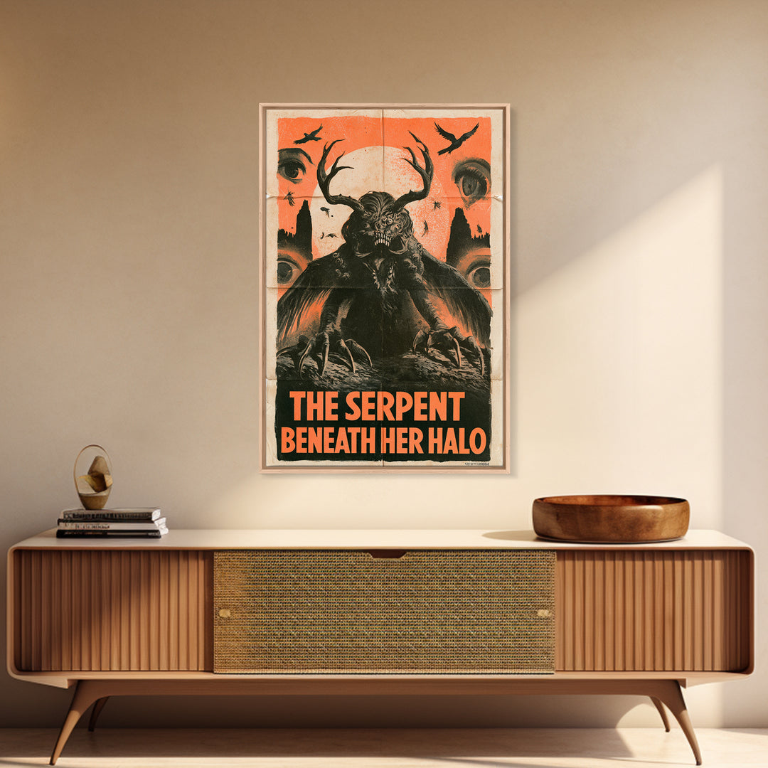 The Serpent Beneath Her Halo, English Language Horror Movie Poster, 1930s Horror Art, Retro Horror Movie Art, Framed Canvas Print