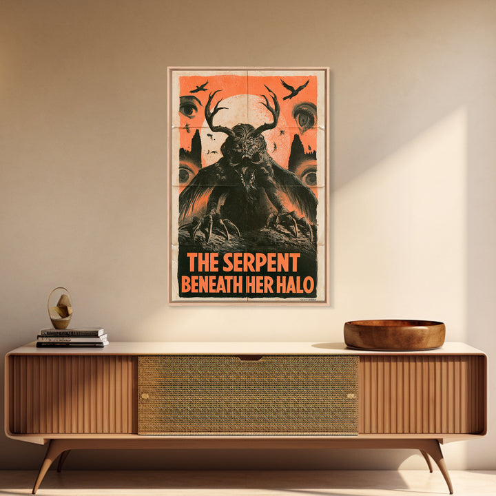 The Serpent Beneath Her Halo, English Language Horror Movie Poster, 1930s Horror Art, Retro Horror Movie Art, Framed Canvas Print