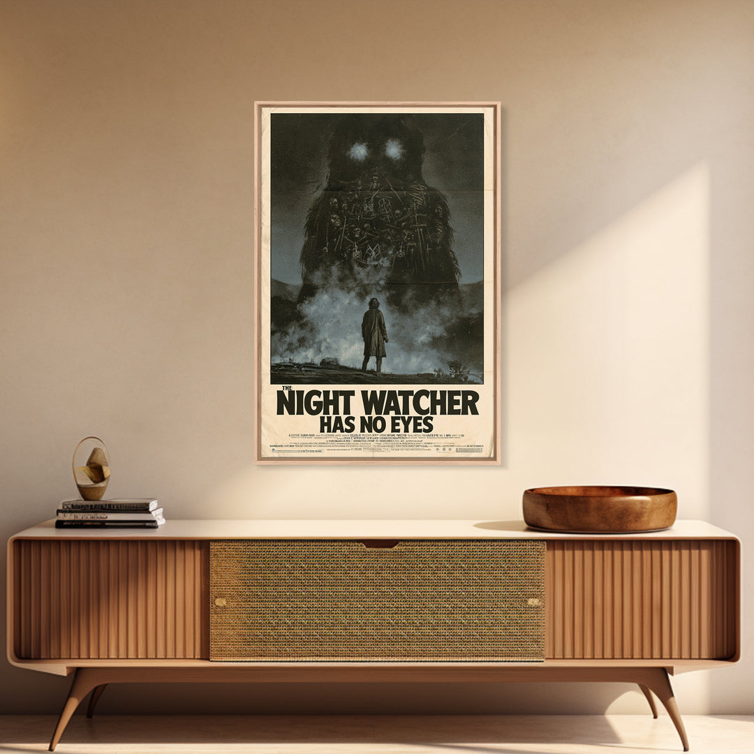 The Night Watcher Has No Eyes, English Language Horror Movie Poster, 1970s Horror Art, Classic Monster Poster, Framed Canvas Print