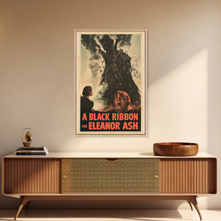 A Black Ribbon For Eleanor Ash, English Language Horror Movie Poster, 1950s Creature-Feature One-Sheet Inspired Art, Retro Horror Movie Art