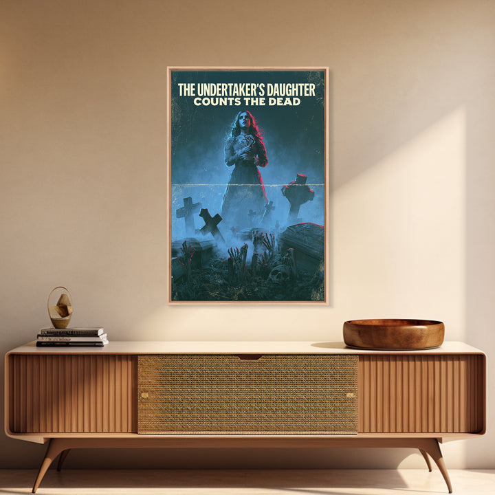 The Undertaker'S Daughter Counts The Dead, English Language Horror Movie Poster, 1980s Vhs Nightmare Cover Inspired Art, Framed Canvas Print