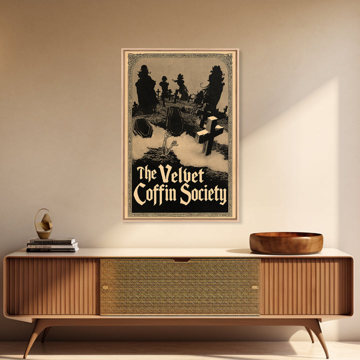 The Velvet Coffin Society, English Language Horror Movie Poster, Decadent Line Art, Gothic Cinema Wall Art, Framed Canvas Print