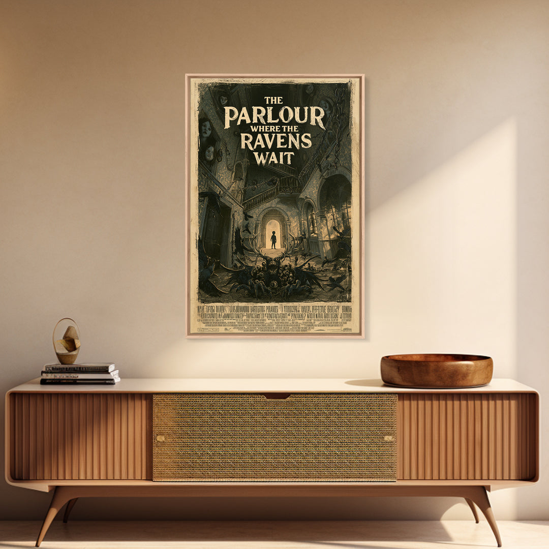 The Parlour Where The Ravens Wait, English Language Horror Movie Poster, Architectural Etching Art, Classic Monster Poster