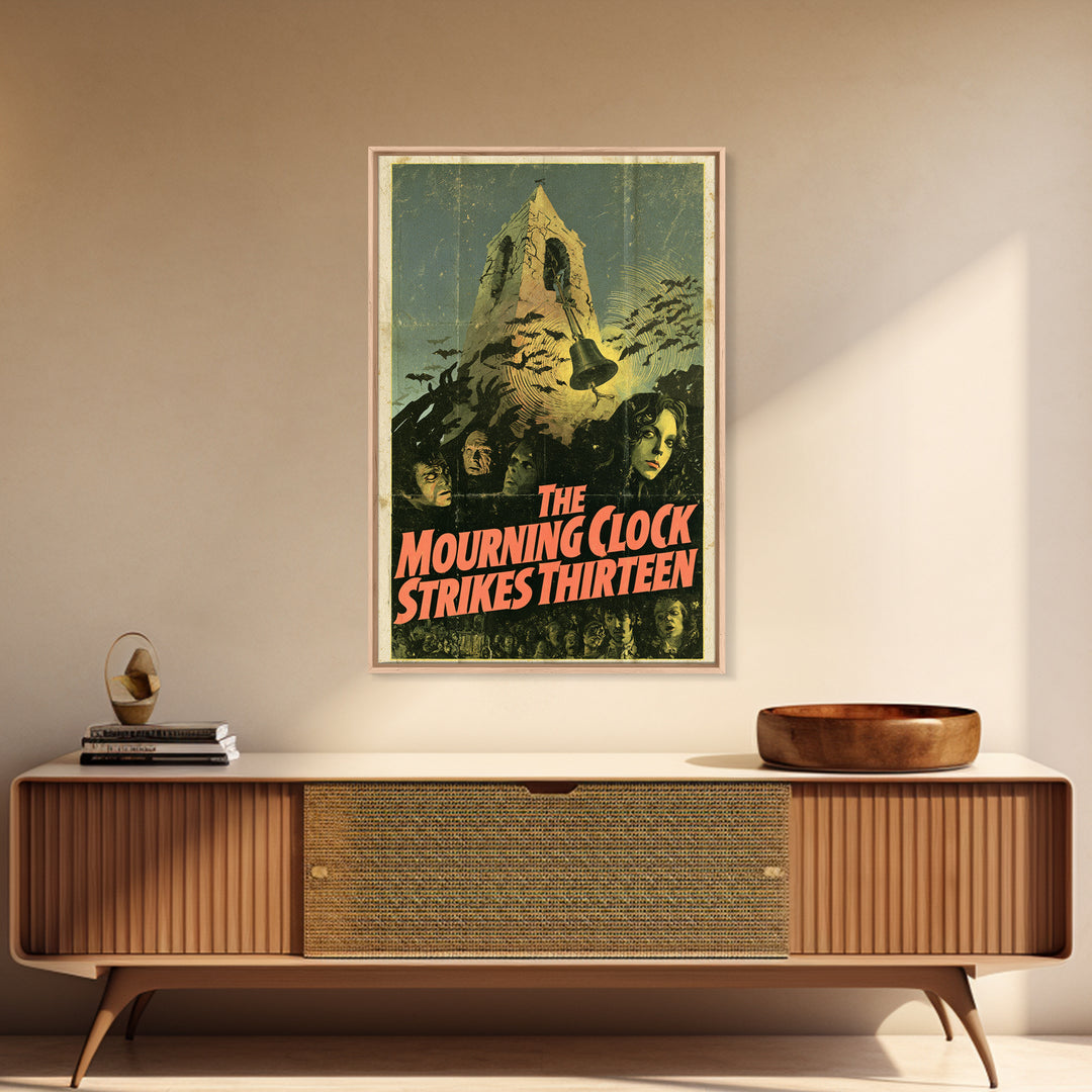 The Mourning Clock Strikes Thirteen, English Language Horror Movie Poster, 1970s Horror Art, Retro Horror Movie Art, Canvas Print