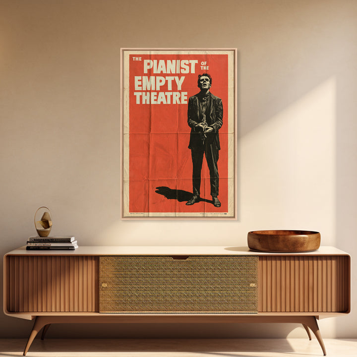 The Pianist Of The Empty Theatre, English Language Horror Movie Poster, 1950s Creature-Feature One-Sheet Inspired Art, Framed Canvas Print