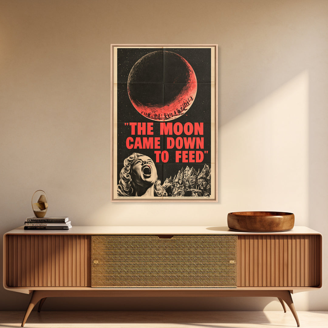 The Moon Came Down To Feed, English Language Horror Movie Poster, 1950s Creature-Feature One-Sheet Inspired Art, Classic Monster Poster