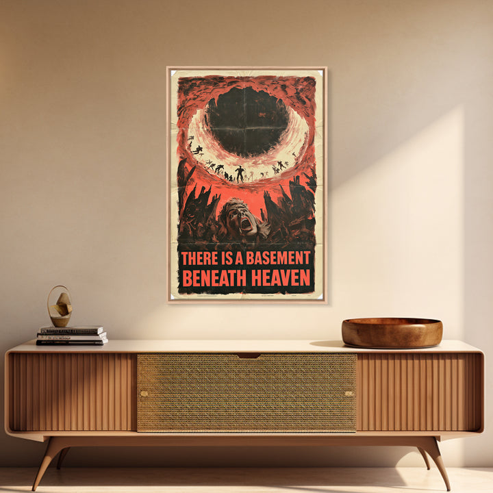 There Is A Basement Beneath Heaven, English Language Horror Movie Poster, 1950s Creature-Feature One-Sheet Inspired Art, Canvas Print