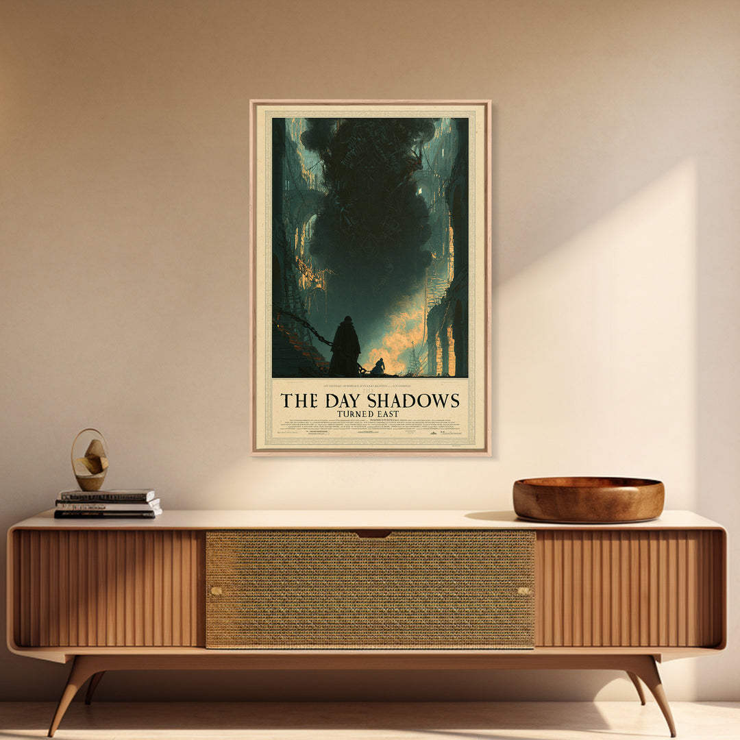 The Day The Shadows Turned East, English Language Horror Movie Poster, Architectural Etching Art, Retro Horror Movie Art
