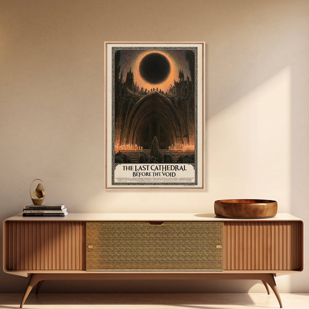 The Last Cathedral Before The Void, English Language Horror Movie Poster, Stained Glass Gothic Art, Retro Horror Movie Art