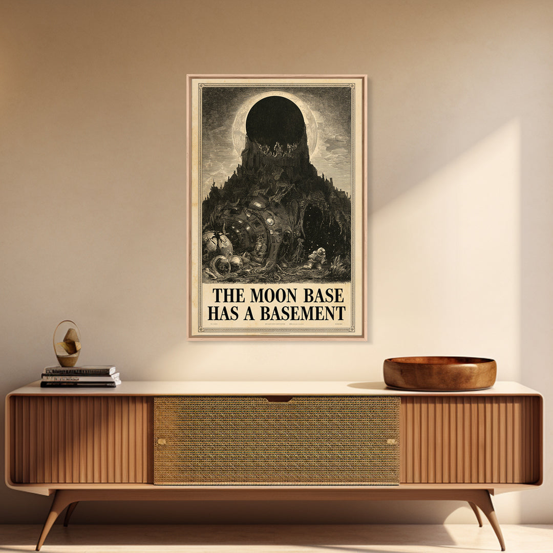 The Moon Base Has A Basement, English Language Horror Movie Poster, Gothic Engraving Art, Cult Horror Poster, Canvas Print