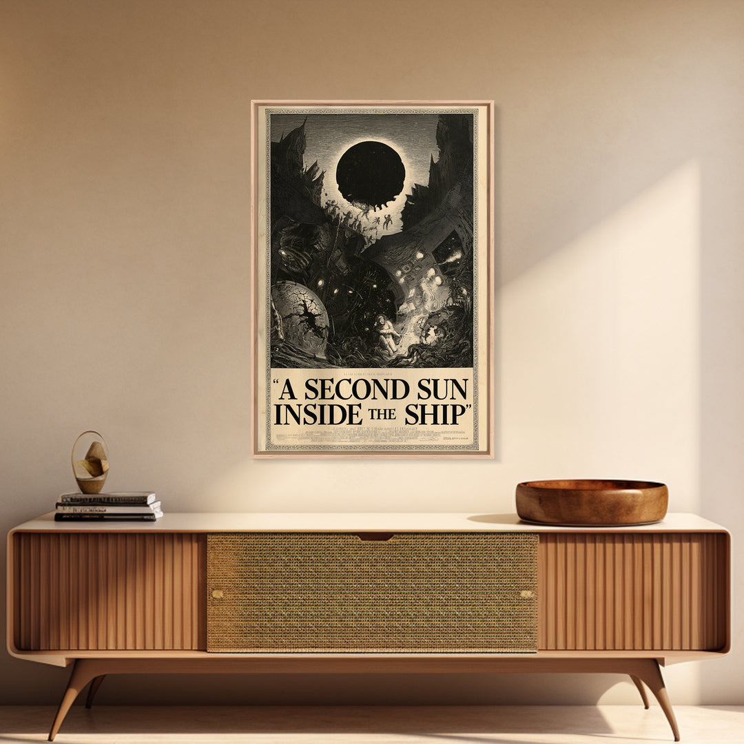 A Second Sun Inside The Ship, English Language Horror Movie Poster, Gothic Engraving Art, Classic Monster Poster, Framed Canvas Print