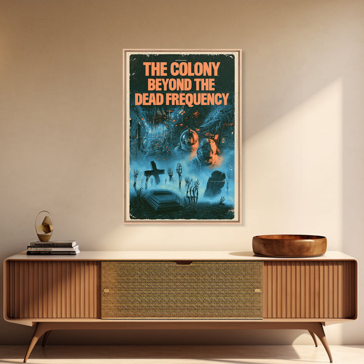 The Colony Beyond The Dead Frequency, English Language Horror Movie Poster, 1980s Vhs Nightmare Cover Inspired Art, Retro Horror Movie Art