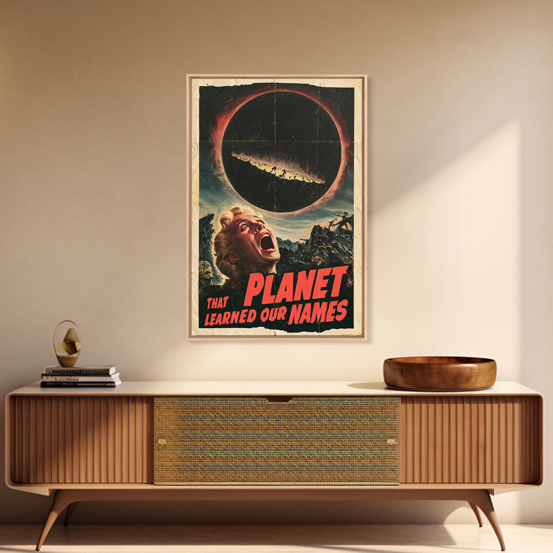 The Planet That Learned Our Names, English Language Horror Movie Poster, 1950s Creature-Feature One-Sheet Inspired Art, Canvas Print