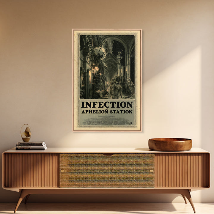 Infection At Aphelion Station, English Language Horror Movie Poster, Architectural Etching Art, Retro Horror Movie Art