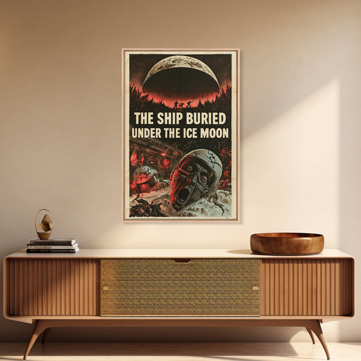 The Ship Buried Under The Ice Moon, English Language Horror Movie Poster, 1950s Creature-Feature One-Sheet Inspired Art, Framed Canvas Print