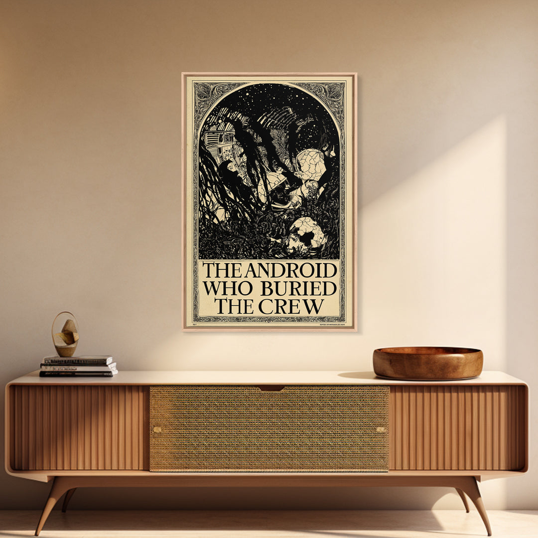 The Android Who Buried The Crew, English Language Horror Movie Poster, Decadent Line Art, Classic Monster Poster, Canvas Print