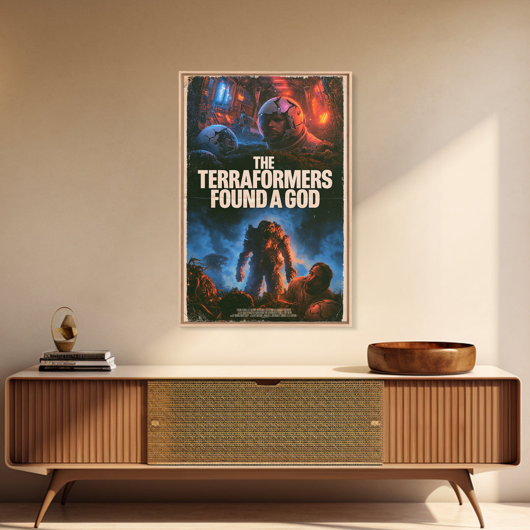The Terraformers Found A God, English Language Horror Movie Poster, 1980s Vhs Nightmare Cover Inspired Art, Retro Horror Movie Art