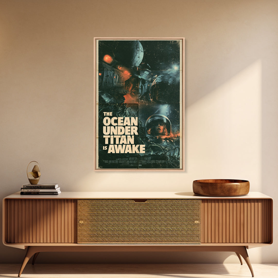 The Ocean Under Titan Is Awake, English Language Horror Movie Poster, 1970s Horror Art, Classic Monster Poster, Framed Canvas Print